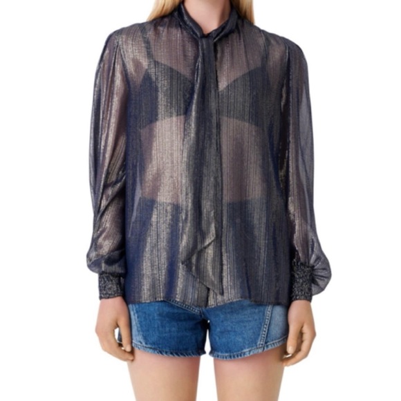 MAJE Sheer Crinkle Silk Blend Tie Neck Metallic Blouse Top, Blue, 2 (6US) - Picture 1 of 3